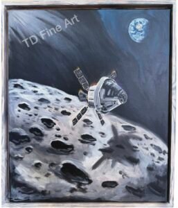 Acrylic painting of the Orion orbiting the moon, framed. Lunar Orbit, Davis, Tish