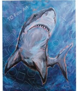 Acrylic shark painting with geometric shapes in the water, blue background, 20x24
