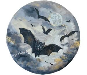 acrylic bat painting on 16" circular canvas, Twilight Bat Brigade, Tish Davis