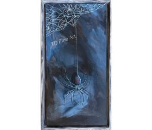 Acrylic black widow spider painting, The Widow, framed. Davis, Tish