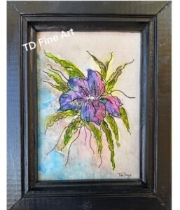 Acrylic and India Ink flower painting 5x7 black handcrafted frame